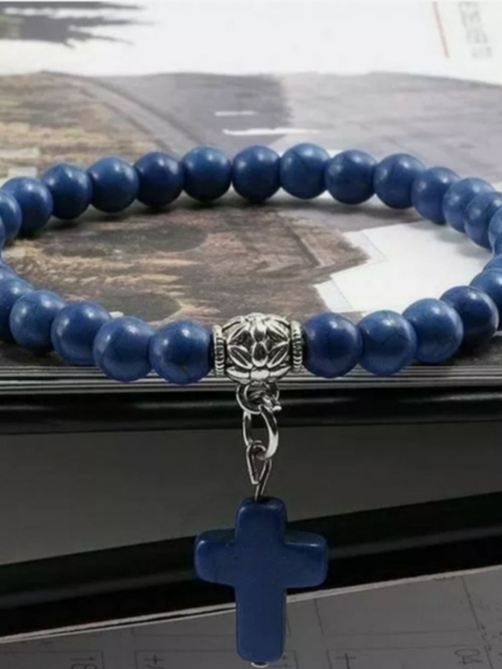 Blue Beaded Bracelet with Cross Charm 7.8 Inches